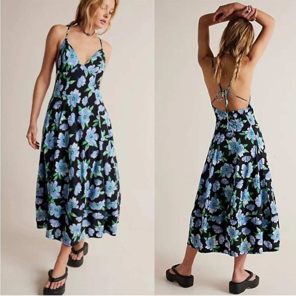 Free People Finer Things Blue Floral Midi Dress